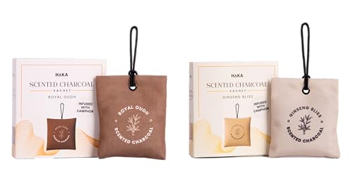 Image of Haka Scented Charcoal Air Freshener Pouch | Kapoor for Car Fragrance | Scented Aroma Air Freshener & Camphor Purifier for Bedroom, Car, Office & Wardrobe Freshener for Clothes (Oudh & Ginseng)