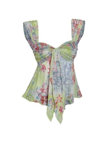 Milumia Womens Floral Mesh Ruched Tank Top Y2k Tie Front Sleeveless Flowy Going Out Tops Green Medium