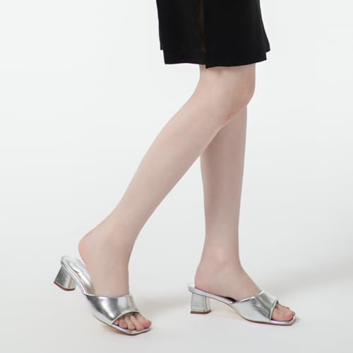 MIRAAZZURRA Silver Women Heeled Mules Square Open Toe Chunky Block Heel Slip on Heeled Sandals Casual Dress Slide Shoes Size 7 by MIRAAZZURRA - Used condition - Image 3