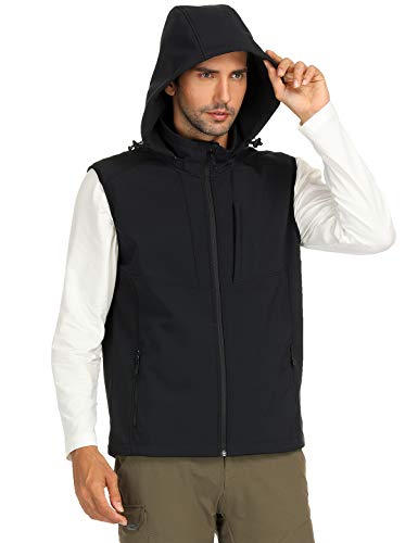 MIER Men's Lightweight Softshell Vest Hooded with 8 Pockets, Black, XL