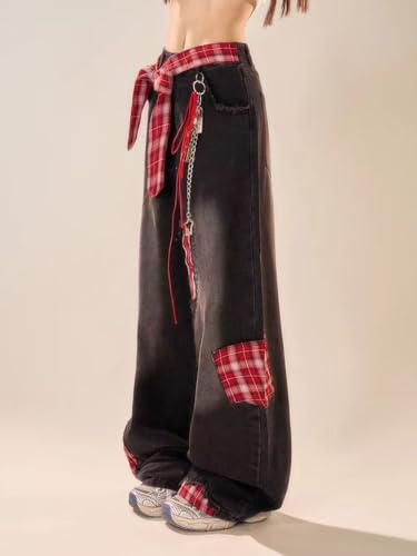 LAFOURAM Petite Jeans for Women 5 FT Short Wide Leg Baggy Y2K Bow Knot Plaid Patchwork Denim Pants4
