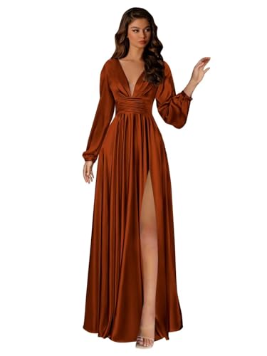 BOLENSYE Satin Bridesmaid Dresses Long Sleeve A Line V Neck Ruched Slit Formal Evening Party Gown with Pockets4