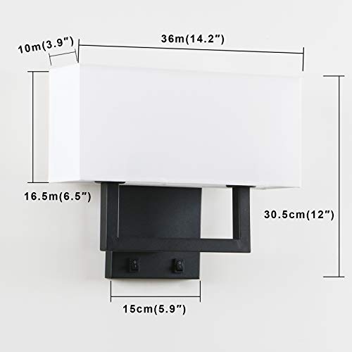 Permo Wall Sconce Light Fixture Black Finish With White Textile Shades And On/Off Switch Button Living Room Bedside Nightstand Light #TOP1