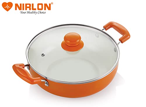 NIRLON Ceramic Non Stick Induction Aluminium Kadhai with Glass Lid, 2.25 litres, Orange - Image 5
