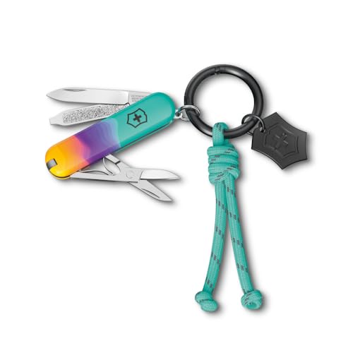 Victorinox Navaja suiza de bolsillo Classic SD, 7 funciones, Hecha en Suiza, multiherramienta para mujer, llavero, incl. estuche de regalo, Sydney Style (turquesa, lila)