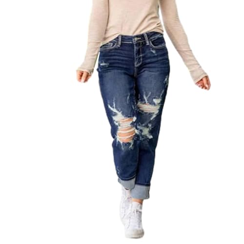 Mypeachd Jeans Tummy Control Distressed Cuffed Boyfriend Jeans Plus Size Skinny High Waist Jeans Women Ripped Jeans