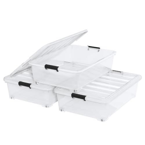 3-Pack 50-Quart Under Bed Storage Boxes, Plastic Containers Bin | Clear Underbed Rolling Organizer Bins for Closet, Bedroom, Linens and Shoes, Space-Saving Under Bed Fit