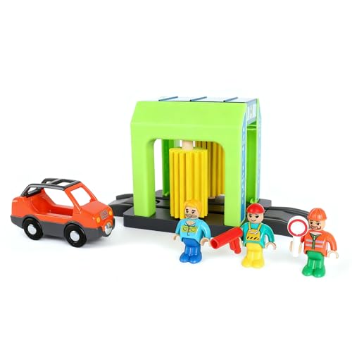 LifourHappy Car Wash Toy Train Set Accessories for Wooden Tracks, Car Wash Station Playset Expansion Pack for Boys Toddlers,Compatible with Brio,Thomas