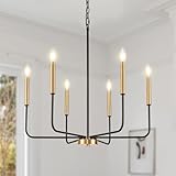 Zuyurt Black and Gold Chandelier, Modern Farmhouse Dining Room Light Fixture 6-Light Chandelier with Chain, Metal Hanging Lighting Fixtures Candle Dining Lights for Kitchen, Living Room, Bedroom,Foyer