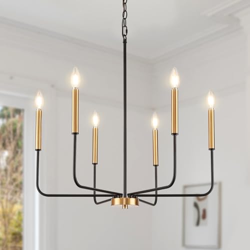 ZUYURT Lampadario moderno nero e oro per sala da pranzo, 6 luci in metallo da fattoria da pranzo sopra il tavolo, illuminazione a sospensione a candela E12 per cucina, soggiorno, atrio, ingresso