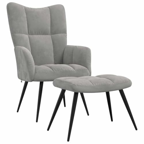 GeenYuu Sillón de relax con taburete, color gris claro, terciopelo, 61 x 70 x 96,5 cm, asiento cómodo con relleno de espuma y estructura de acero, moderna tumbona de relajación cómoda y duradera