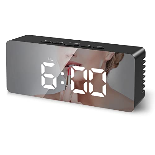 Criacr Reveil Numerique, Reveil Matin avec Ecran LED Miroir Affiche Date et Température, Luminosité Réglable et Mode Nuit, Alarme et Fonction Snooze, Reveil de Voyage Alimenté par USB/Batteries, Noir Cover