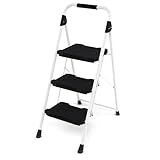 GYMAX Trittleiter 3 Stufen klappbar, Leichte Stehleiter mit gepolstertem Handlauf & breiter Rutschfester Trittfläche, tragbarer Leiter bis 360 kg belastbar (Schwarz)