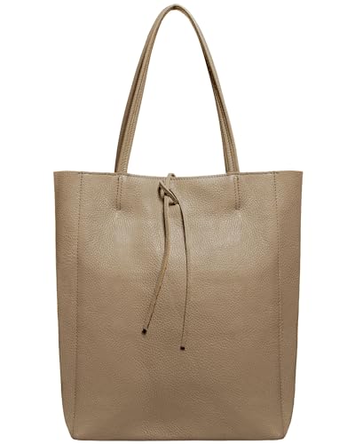 Image of Genuine Italian Leather Tote Bag for Women, Large Slouchy Purse, Taupe | Unstructured bag, raw unlined interior with zip pocket, top zipper, side ties, folds flat, fits a 16-inch laptop, lightweight