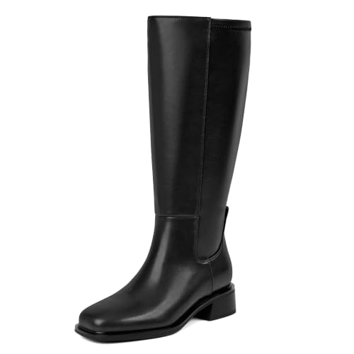 Image of QIY Knee High Boots for Women Low Heel Flat Tall Boots | Stretch Boots, Chunky Heel Womens Boots, Square Toe Heeled Fall Winter Dress Riding Long Boot with Side Zipper