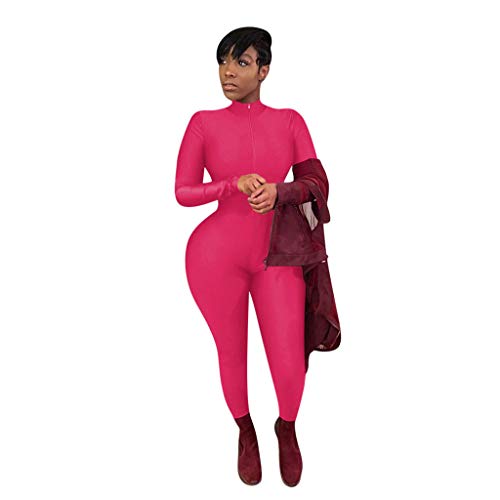 Forwelly Women Turtleneck Long Sleeve One Piece Bodycon Jumpsuit Zip up Skinny Playsuit Club Rompers Jumpsuit Pink