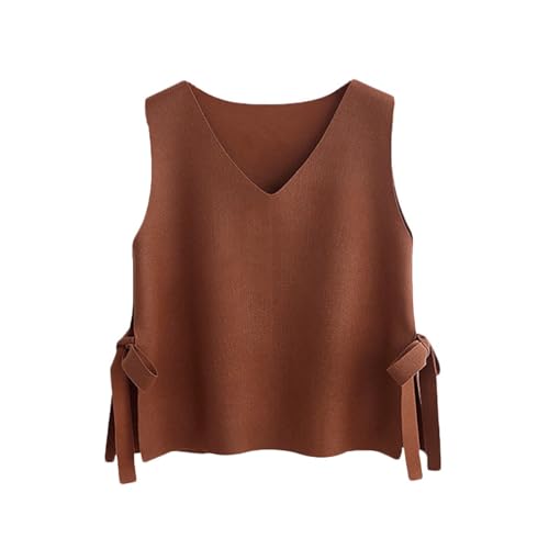 Womens Side Bandage Sweater Vest Casual V Neck Sleeveless Pullover Sweater Solid Color Knit Vest Tops