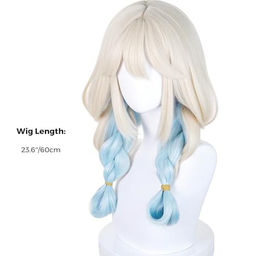 Image of Half and Half Long Blonde Blue Braid Anime Cute-Puppy Cosplay Wig with Bangs Kawaii Lolita Costume Wigs + Bow + Hairpins for Women Halloween Party