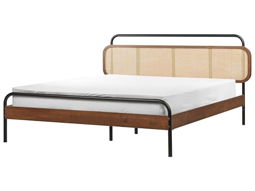 Beliani Holzbett dunkler Holzfarbton/schwarz Wiener Geflecht 160 x 200...