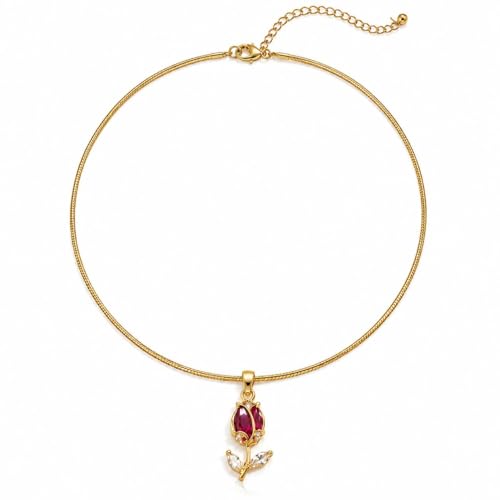Image of Gold Plated Red Tulip Pendant Necklace for Women | Floral Rose Design with Red Crystal Stone | Adjustable Snake Chain Lightweight Elegant Jewelry for Daily Wear Party Wedding & Gift