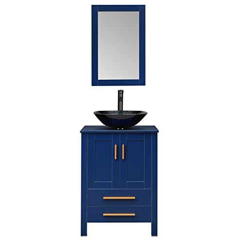 Puluomis 24-Inch Bathroom Vanity With Round Blue Glass Sink, Blue Modern Wood Fixture Stand Pedestal Cabinet With Mirror #TOP18
