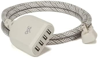 360 Electrical Habitat 4.8, 6 ft 4-Port USB Extension Cord, Durable Braided Casing, French Grey, 4.8A, USB Charger Cable, Power Strip USB Hub Charging Station for USB C, iPhone, Tablet, Android
