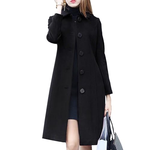 Casacos compridos para mulher, blazer de lã justo, casaco de inverno, casaco grosso peito único, casacos Walker, Preto, XL