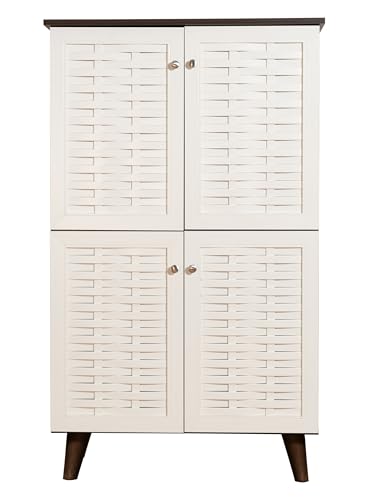 Image of DeckUp Plank Bei 4-Door Engineered Wood Shoe Rack with Wooden Legs (Walnut and White, Matte Finish)