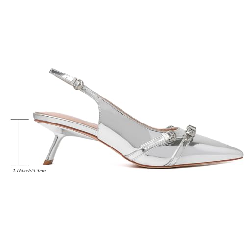 Image of Mostrin Kitten Heels for Women Pointed Toe Pumps Patent Leather Low Heel Slingback Heels with Buckle Dress Shoes for Dating Party Working