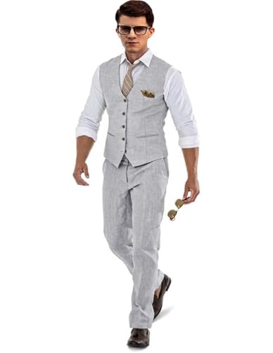 Lightweight Linen Suits for Men 2 Piece for Beach Wedding Elegant Linen Vest and Pants Set for Event STXZ0194