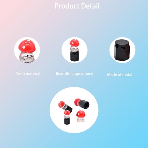 4-Pack Handmade Mushroom Tire Valve Stem Caps, Colorful Red & White Design for Schrader Valves, Cute Car & Bike Accessory, Unique Driver Gift, Novelty Wheel Accent (Black)