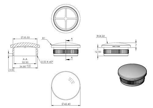 Endkappe leicht gewölbt, hohl, für Rohr ø 42,4 x 3,0mm, zum Einschlagen