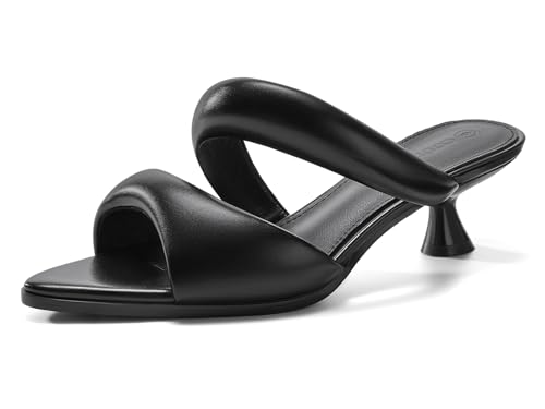 Coutgo Womens Kitten Heels Mules Pointed Open Toe Sandals Double Strap Slip on Prom Dress Shoes, Black, Size 9.5