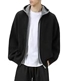 POHADON Y2k Zip Up Knit Hoodies Grunge Aesthetic Chunky Sweater Cardigan Baggy Fake Two Piece Color Block Jacket Coat (Black,Large)