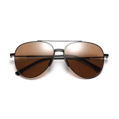 Classic Premium Aviator Sunglasses, Full UV Protection, Black Metal Frame with Brown Polarized Lens