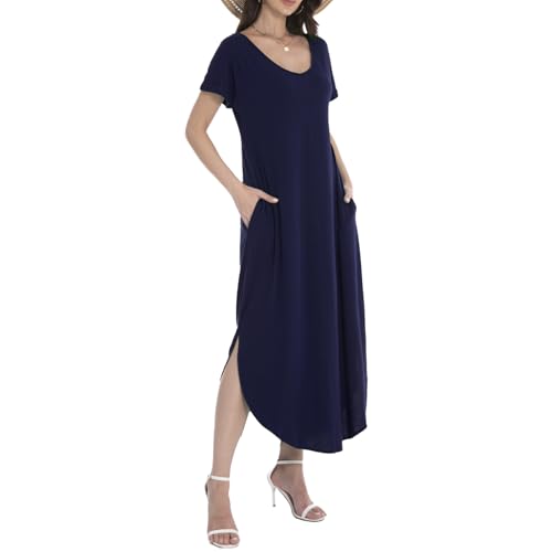 Image of Matchstick Women's Flowy Maxi Dress V-Neck Relaxed Loose Fit Short Sleeve Casual Sundress with Pockets Side Split Beach Dress