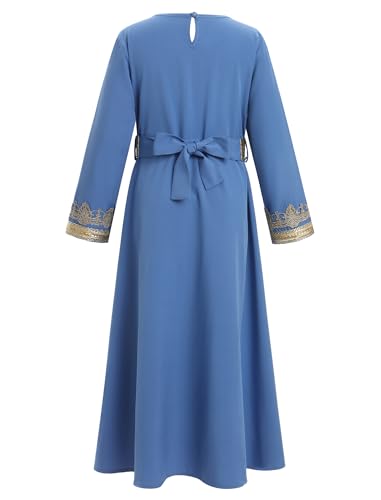 OBEEII Girls Muslim Ramadan Abaya Kids Long Sleeve V Neck Lace Prayer Dress Middle East Arabic Kaftan Dress with Belt2