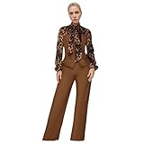 Xiczvak Leopard Print Corset Jumpsuits for Women Casual Elegant Vintage One Piece Jumpsuit with Tie Neck Long Sleeve Straight Pants Cocktail Party Rompers Travel Vacation Outfits Clothing Brown L