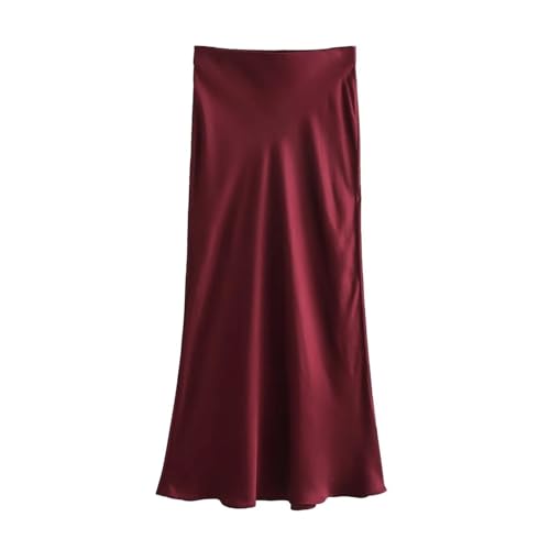 Falda Saten Falda de satén for Mujer, Faldas largas a la Cintura for Mujer, Falda Midi Negra de Primavera y Verano, Faldas Elegantes for Oficina.(Wine Red,XS)