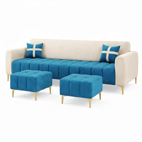 Image of Melody 3 Seater Modular L Shape Sofa Set with 2 Ottoman | Soft Velvet Upholstery, Sturdy Wooden Frame | Modern Sofa for Living Room, Hall & Office Spaces (Cream-Aqua Blue)
