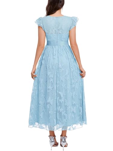 Image of Women's Casual Tulle Midi Dress Ruffle Sleeve Crewneck Lace Flowy Dresses Party Wedding Guest Sundress