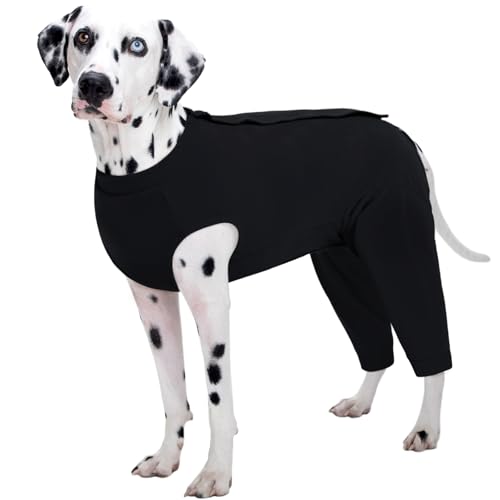 Image of Kuoser Dog Recovery Suit with Anti Licking Rear Leg Sleeve, Black 4XL | Abdominal Dog Surgical Suit with Pants Cover Protect Wounds, Dogs Elbow Protector Soft Pet Surgery Onesie Cone Alternative