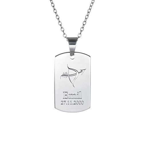 Gravado Collier avec Pendentif en Acier Inoxydable, Plaque Militaire Dog Tag, Gravure Signe du Zodiaque personnalisé avec nom et Date, Bijoux
