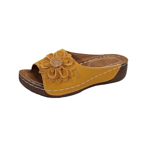 Sandalias de verano elegantes para mujer, zapatos de plataforma, flores decorativas, moda cuña, sandalias de puntera abierta, sandalias al aire libre, estilo bohemio - zapatos para mujer, amarillo, 45