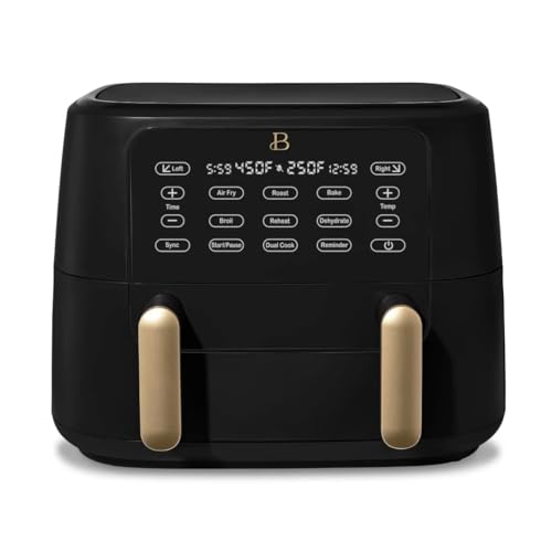 Beautiful 9QT TriZone Air Fryer – 2-in-1 Dual Basket Air Fryer with Touch Display, Sync Cook & Elegant Matte Finish by Drew Barrymore – Oil-Less, Healthy Cooking, Dishwasher Safe – Black Sesame