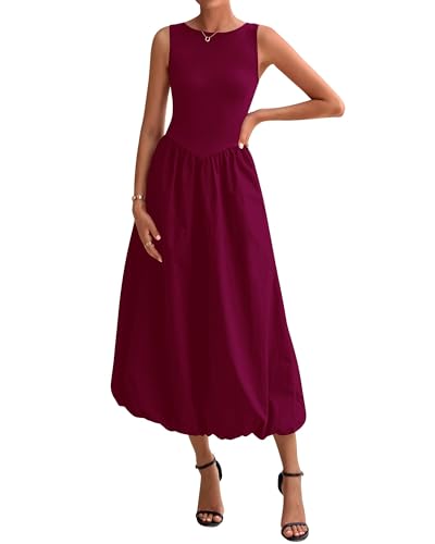Image of BTFBM Women's 2026 Summer Casual Sleeveless Midi Dress Patchwork Knit Tank Bubble Long Flowy Beach Maxi Sundress Pockets