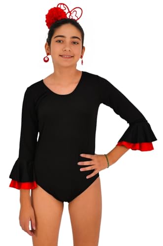 AMARU SANCHESU Body infantil de licra con dos volantes. Ideal para danza flamenco o sevillanas (Negro volante rojo, 10 años)