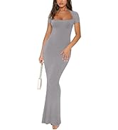 REORIA Womens Summer Square Neck Short Sleeve Long Dress Formal Wedding Guest Elegant Ribbed Body...