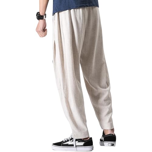 Tripleberly Men Linen Wide Leg Drop Crotch Baggy Harem Pants with Pockets Elastic Drawstring Waist Lightweight Beach Pants4