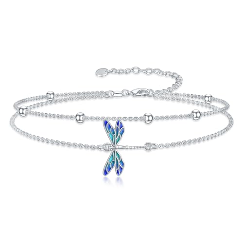 Dragonfly/Evil Eye/Hamsa Evil Eye/Lotus/Mushroom Anklet Bracelets for Women Sterling Silver Adjustable Double Layered Bracelet Anklet Mother's Day Jewelry Gifts Beach Jewelry